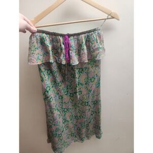 Miguelina Womens Silk Floral Strapless Ruffle Mini Dress Green  Made in USA